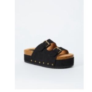 Black Platform Sandals with Gold Accents